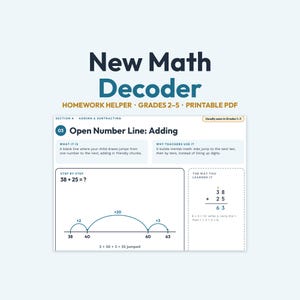 Puede incluir: Un documento educativo en PDF imprimible titulado New Math Decoder Homework Helper Grades 2-5. Presenta una sección sobre sumas con una recta numérica abierta, mostrando la ecuación 38 más 25 igual a 63 con saltos visuales.
