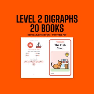 Könnte beinhalten: Bildungsset aus 20 dekodierbaren Minibüchern mit dem Titel Level 2 Digraphs 20 Books Decodable Mini Books Printable PDF. Das offene Buch zeigt das Digraph sh, ein Segelboot-Symbol, Wörter wie dish und fish sowie ein Cover namens The Fish Shop.