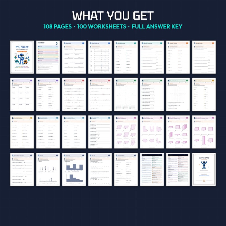 6th Grade Math Workbook, 6th Grade Math Worksheets, 100 Printable Pages ...