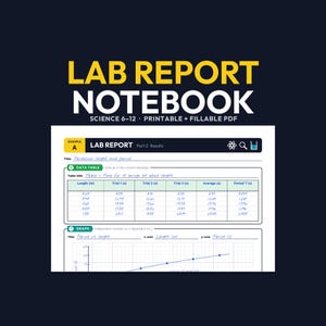 Puede incluir: Una plantilla digital de cuaderno de informe de laboratorio con el texto LAB REPORT NOTEBOOK SCIENCE 6-12 PRINTABLE + FILLABLE PDF. La página muestra una tabla de datos para la longitud y el periodo del péndulo y un gráfico de variables.