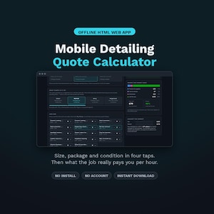 Op de afbeelding: Een offline HTML web-app interface getiteld Mobile Detailing Quote Calculator. Het donkere dashboard toont kostenoverzichten, serviceopties en winstmarges. De tekst luidt Size, package and condition in four taps. Then what the job really pays you per hour. De knoppen tonen NO INSTALL, NO ACCOUNT, INSTANT DOWNLOAD.