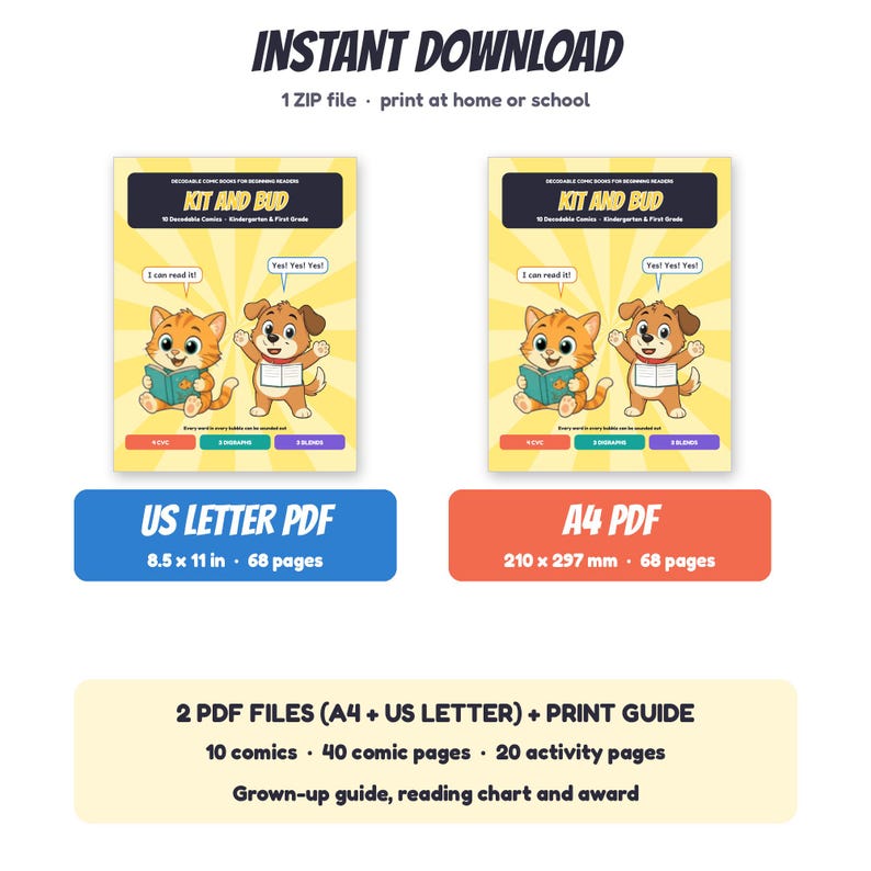 Digraphs Reading Page Decodable Comic Books Kindergarten First Grade, 10 Comics CVC Digraphs ...