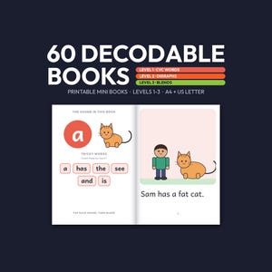 May include: A set of 60 decodable books featuring printable mini books in A4 and US letter sizes. The open book displays the letter a, a cartoon cat, tricky words, and an illustration of a person standing next to a cat with the text Sam has a fat cat.