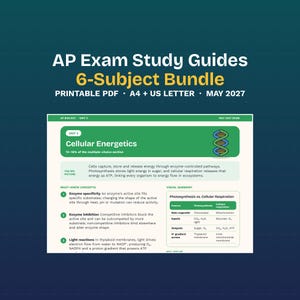 May include: A 6-subject AP Exam study guide bundle in printable PDF format for May 2027. The document features a unit on Cellular Energetics, including a DNA graphic, key concepts on enzyme activity, and a comparison table for photosynthesis.