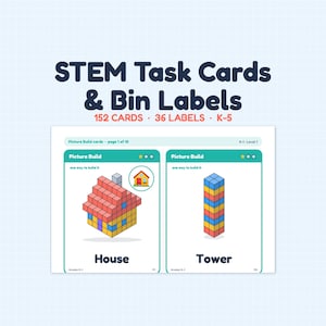 Op de afbeelding: STEM-taakkaarten en baklabels set met 152 kaarten en 36 labels voor groep K-5. De kaarten tonen Picture Build-opdrachten met illustraties van een huis en een toren opgebouwd uit kleurrijke blokken, inclusief tekstlabels.