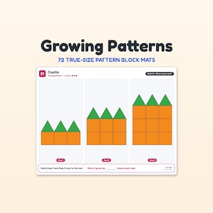 以下が含まれることがあります： 72枚の原寸大パターンブロックマットを含むGrowing Patterns教育用マット。カードには、オレンジ色の正方形と緑色の三角形を使用した3段階の城のパターンが示されています。テキストには「Growing Patterns」、「Castle」、「Build Step 4 and Step 5 next to the mat. Rule: It grows by ____ blocks each step.」と記載されています。