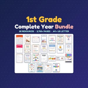 Puede incluir: Un conjunto de recursos educativos 1st Grade Complete Year Bundle con 25 recursos y más de 3.700 páginas en formatos A4 y US Letter. La colección incluye varias hojas de trabajo imprimibles, tablas fonéticas y actividades.