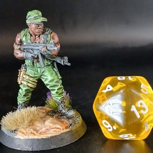 May include: A miniature figurine of a soldier in green camouflage holding a rifle, standing on a textured base with small plants. A large, translucent yellow 20-sided die is next to the figurine.