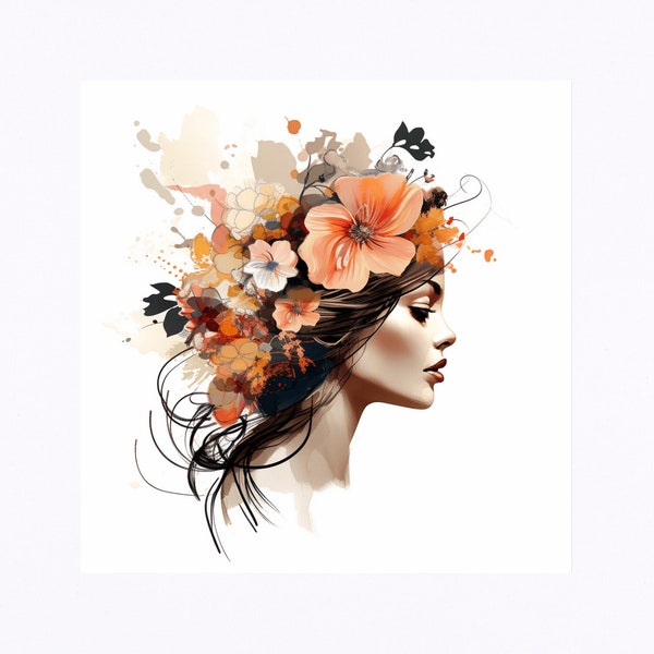 Peinture murale femme avec chapeau de fleur 1 tête de fleur, peinture artistique moderne, affiche sur toile, verre acrylique, décoration murale Aludibond, salon, chambre à coucher