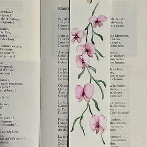 Peut inclure: Marque-page aquarelle avec un motif floral délicat. Le marque-page présente une disposition verticale de fleurs roses avec des tiges et des feuilles vertes. Le marque-page est rectangulaire avec une ficelle marron.