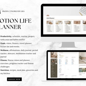 Notion life planner bundle template, 5 in 1, with productivity, goals, wellness, fitness and nutrition, easy to use and customise.