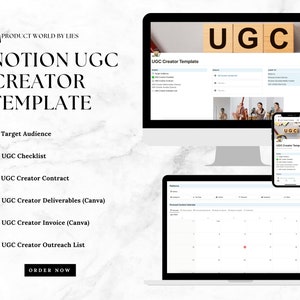 Puede incluir: Una pantalla de ordenador que muestra una plantilla de Notion para creadores de UGC. La plantilla incluye secciones para el público objetivo, la lista de verificación, el contrato, los entregables, la factura y la lista de contactos. La pantalla también muestra el texto "Plantilla de creación de UGC" y "UGC".
