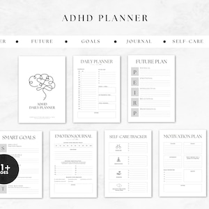 Può includere: Pagine di pianificatore stampabili in bianco e nero con il titolo "ADHD Planner". Le pagine includono sezioni per la pianificazione giornaliera, la pianificazione futura, gli obiettivi intelligenti, il diario delle emozioni, il monitoraggio dell'auto-cura e la pianificazione della motivazione.