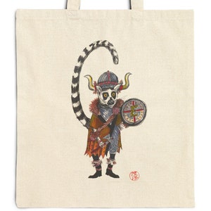 Cotton Canvas Tote Bag, Viking lemur tote bag, something different, whimsical bag, original art design tote, birthday gift idea