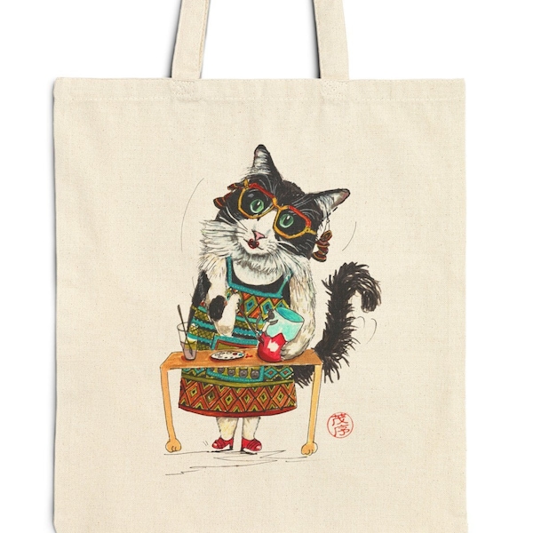 Cotton Canvas Tote Bag, Painting cat tote bag, something different, whimsical canvas bag, original art design tote, birthday gift idea