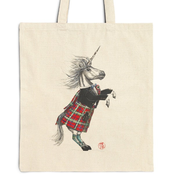 Cotton Canvas Tote Bag, Scottish unicorn tote bag, something different, whimsical canvas bag, original art design tote, birthday gift idea