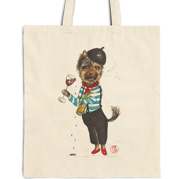 Cotton Canvas Tote Bag, French wine drinking dog bag, something different, whimsical canvas bag, original art design, birthday gift idea
