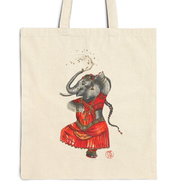 Cotton Canvas Tote Bag, Dancing elephant tote bag, something different, whimsical canvas bag, original art design tote, birthday gift idea