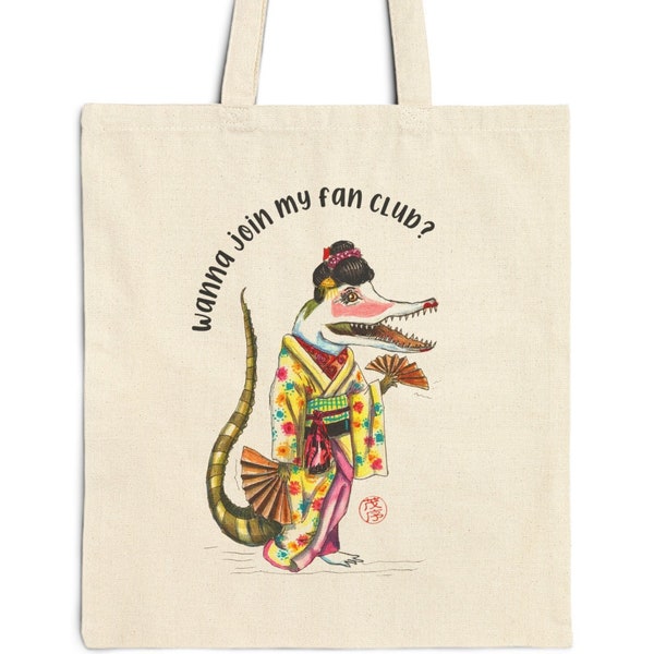 Cotton Canvas Tote Bag, Geisha crocodile tote bag, something different tote, whimsical bag, original art design tote, birthday gift idea