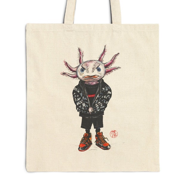 Cotton Canvas Tote Bag, Cool drip axolotl tote bag, somethings different, whimsical canvas bag, original art design tote, birthday gift idea