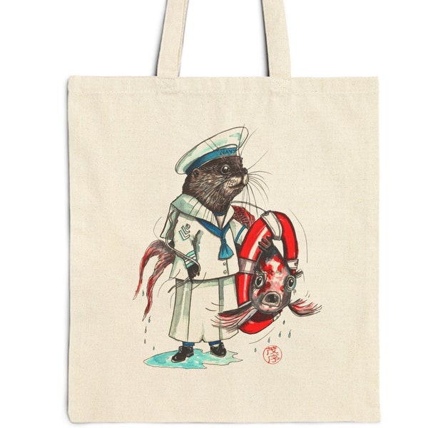Cotton Canvas Tote Bag, Sailor otter tote bag, something different, whimsical bag, original art design tote, birthday gift idea