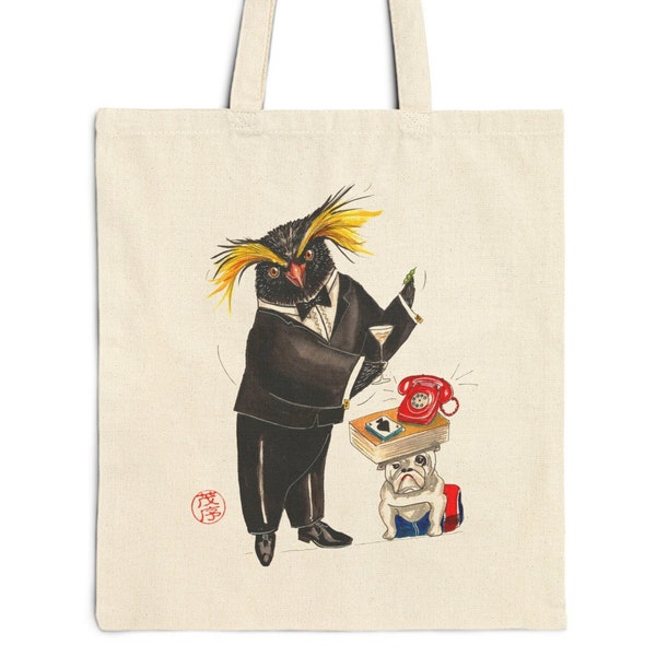 Cotton Canvas Tote Bag, Tuxedo penguin tote bag, something different, whimsical canvas bag, original art design tote, birthday gift idea