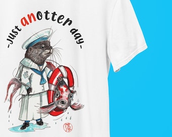 Unisex Otter T-Shirt, Sailor Otter rettet den Goldfisch, Anthropomorph, wunderliches Kleidungsstück, ursprüngliches Kunstdesign, Otterliebhaber-T-Stück, cooles Geschenk