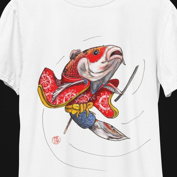 Unisex Koi vis T-shirt, vechtende Koi gekleed in Japanse Kimono, antropomorfe, grillige kleding, origineel kunstontwerp, cool cadeau voor hem