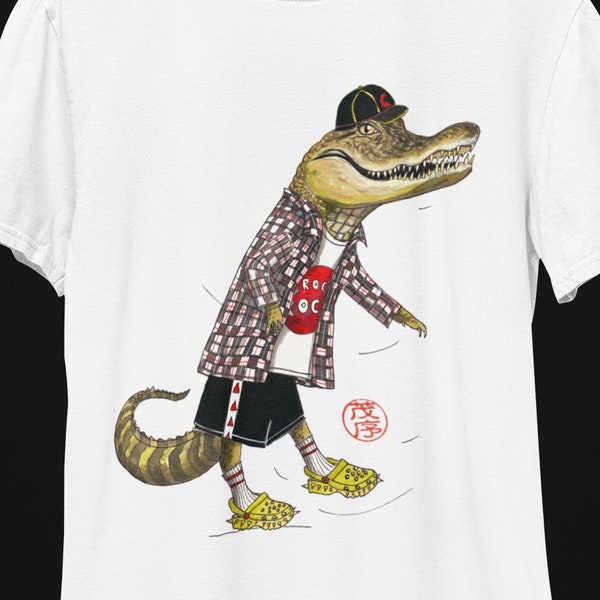 Unisex Crocodile T-Shirt, A croc in socks in crocs, whimsical apparel, original art design, crocodile lovers Tee, humorous, special gift Tee