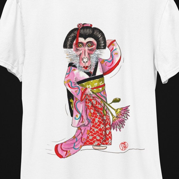 Unisex Monkey T-shirt, Makaak aap gekleed in kimono, Japans, antropomorfe, grillige kleding, origineel kunstontwerp, Cadeau voor haar