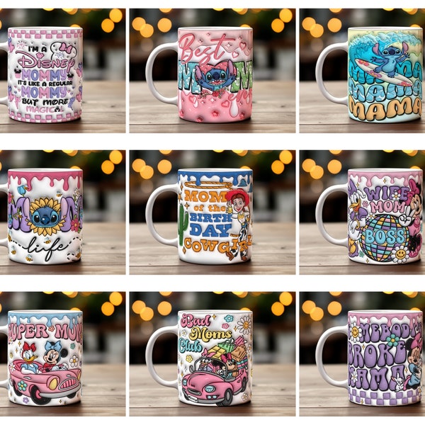 Cartoon Mommy Mug Wrap Design, Seamless Sublimation Pattern PNG Bundle, 3D Inflate Magical Mom Cup Overlay