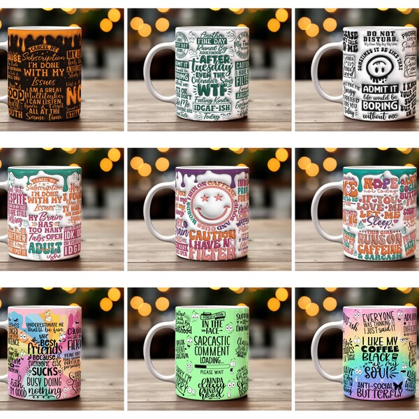 Funny Sarcastic Mug Wrap Design Bundle, Seamless Sublimation PNG, 3D Inflate Coffee Cup Graphics, Digital Download Humor