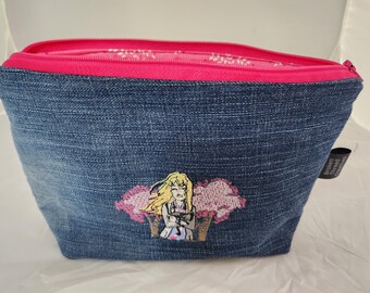 Upcycled Denim Anime Pouch: Embroidered Makeup Bag