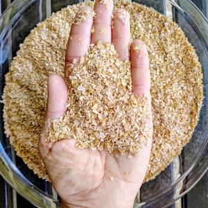 May include: A clear glass bowl filled with light brown, flaked oats. A hand is partially submerged in the oats, with the flakes covering the palm and between the fingers. The oats have a slightly coarse texture.