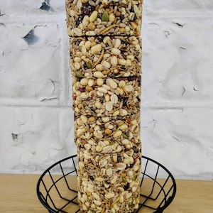 May include: A cylindrical bird feeder made of compressed seeds, nuts, and insects. The feeder is suspended by a black chain and sits atop a black wire basket. The bird feeder is approximately 6 inches tall.
