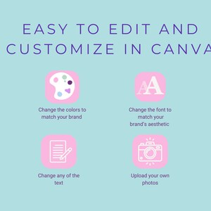 May include: A light blue graphic with pink squares containing icons for customizing a design in Canva. The icons include a paint palette, a font, a document with a pencil, and a camera. The text reads "EASY TO EDIT AND CUSTOMIZE IN CANVA".