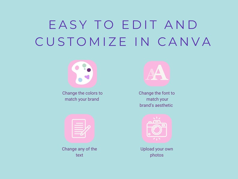 May include: A light blue graphic with pink squares containing icons for customizing a design in Canva. The icons include a paint palette, a font, a document with a pencil, and a camera. The text reads "EASY TO EDIT AND CUSTOMIZE IN CANVA".