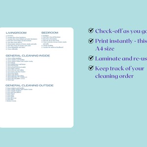 May include: A printable checklist for cleaning a living room and bedroom. The checklist is divided into two sections: General Cleaning Inside and General Cleaning Outside. The checklist is designed to be checked off as you go, printed, laminated, and reused. The checklist is A4 size.