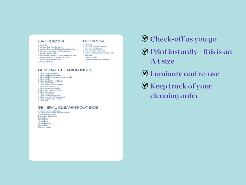May include: A printable checklist for cleaning a living room and bedroom. The checklist is divided into two sections: General Cleaning Inside and General Cleaning Outside. The checklist is designed to be checked off as you go, printed, laminated, and reused. The checklist is A4 size.