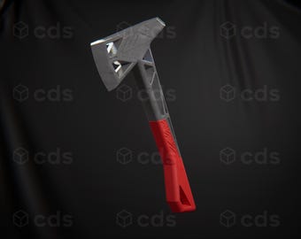 May include: A silver axe with a red handle. The axe has a unique design with a triangular blade and a textured handle.