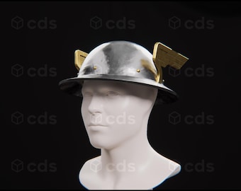 May include: A silver helmet with gold wings on the side. The helmet is on a white mannequin head.
