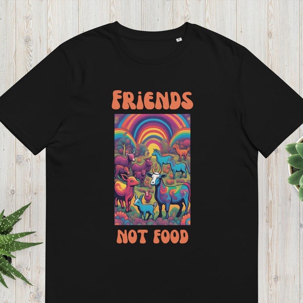 Friends, not food vegan t-shirt with farm animals in psychedelic style. Unisex vegan t-shirt made of eco-friendly organic cotton.