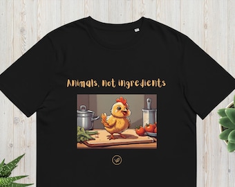 Animals, not ingredients vegan t-shirt with little chicken. Unisex vegan t-shirt made of eco-friendly organic cotton.