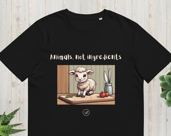 Animals, not ingredients vegan t-shirt with little lamb. Unisex vegan t-shirt made of eco-friendly organic cotton.