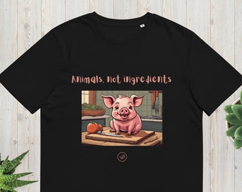 Animals, not ingredients vegan t-shirt with little pig. Unisex vegan t-shirt made of eco-friendly organic cotton.