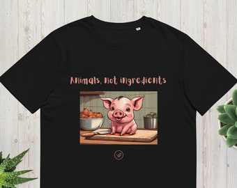 Animals, not ingredients vegan t-shirt with little pig. Unisex vegan t-shirt made of eco-friendly organic cotton.