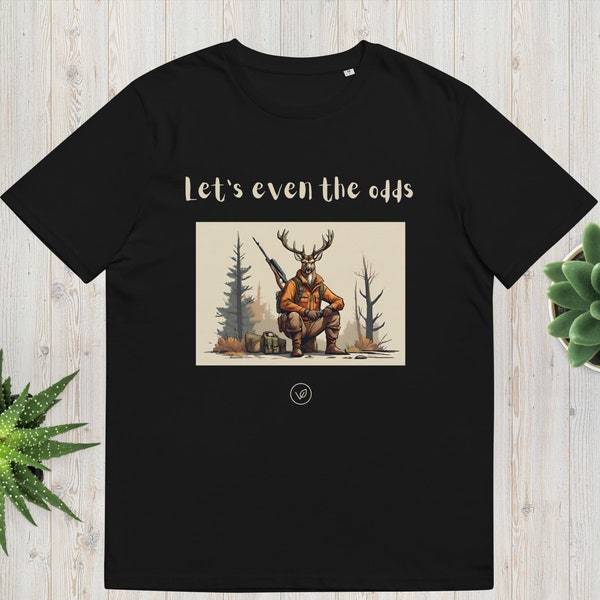Anti-hunting vegan t-shirt with a stag in hunting gear. Unisex vegan t-shirt made of eco-friendly organic cotton.