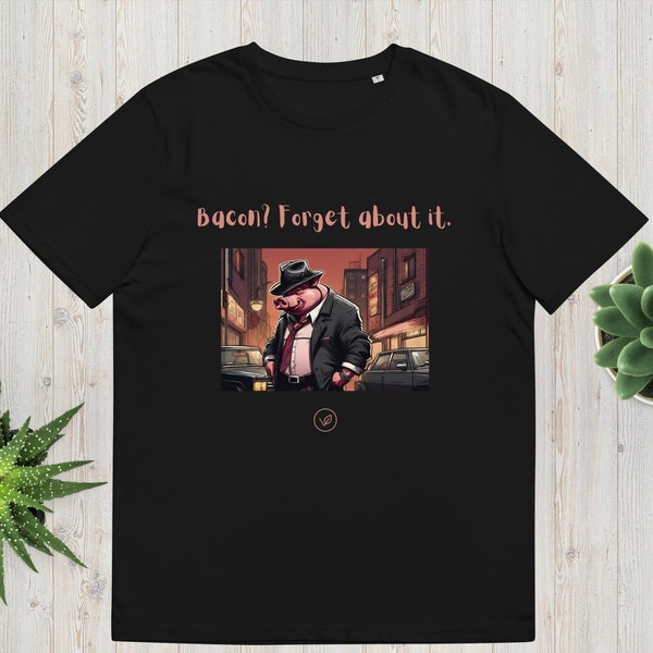 No bacon vegan t-shirt with mobster pig. Unisex vegan t-shirt made of eco-friendly organic cotton.