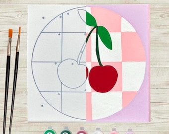 Checkered Cherry Paint by Number Kit • DIY Canvas Painting Kit for Adults • Easy Beginner Art Kit Gift • Cute Fruit Wall Art