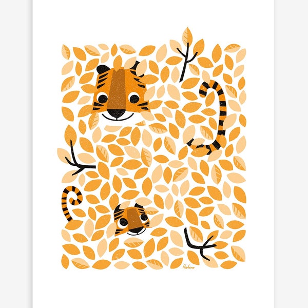 HIDE & SEEK - Children's poster - Tiger and leaves